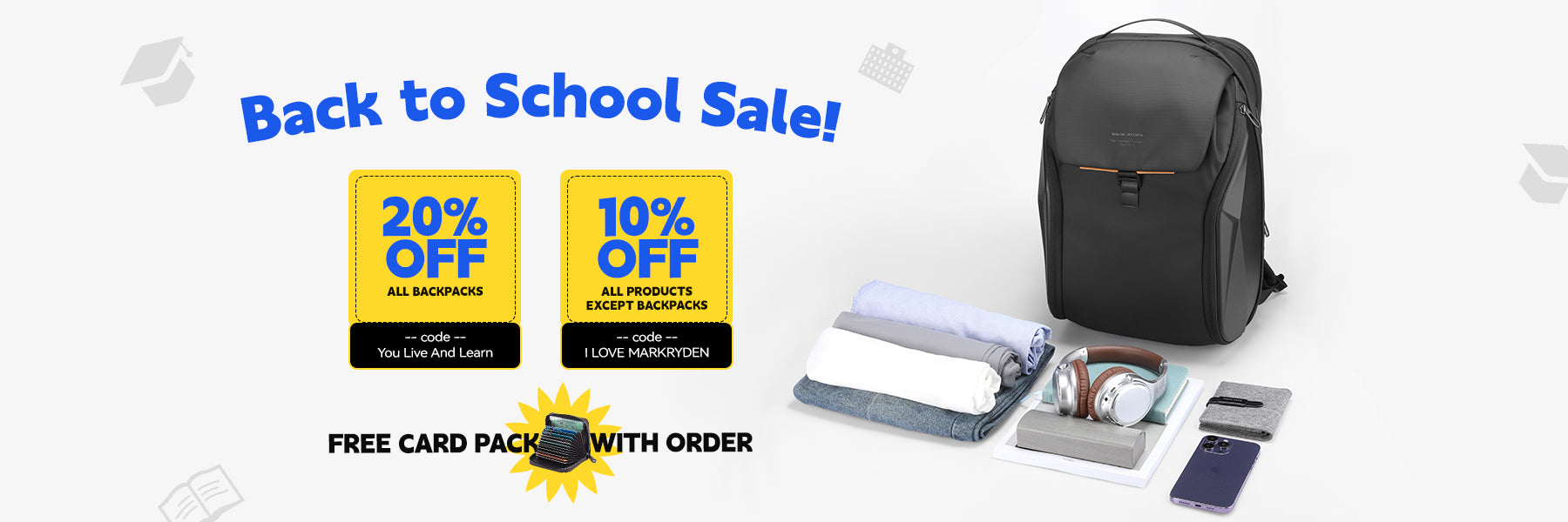 MarkRyden black backpack, Back to School Sale banner, 20% off backpacks, free card pack
