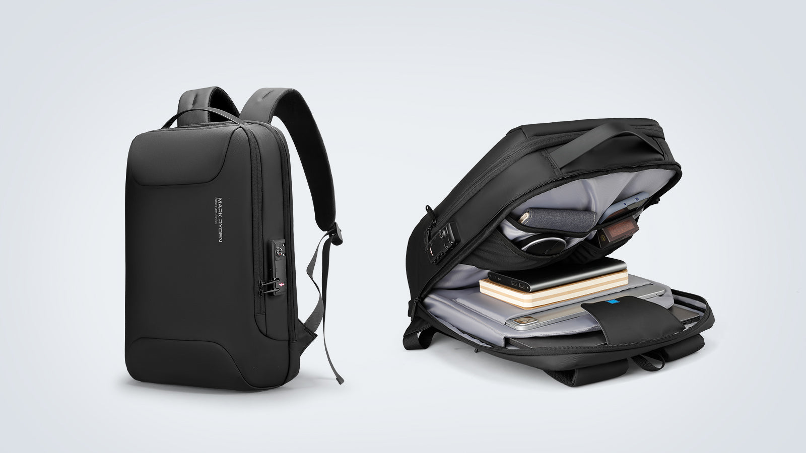 Mark Ryden black anti-theft commuter backpack - sleek design, organized interior