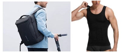 Man holding scooter handle wearing black Mark Ryden anti-theft backpack (spacious, modern design) alongside muscular man in black SCULPME form-fitting body shaper tank top