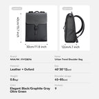 MARK RYDEN black leather and oxford school style business backpack with flap closure, buckle, 40x30x12 cm dimensions, front and right side views.