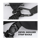 ChillFlex everyday sling bag featuring sturdy nut buckle with carabiner and coiled rope, plus swivel shoulder strap buckle in black.