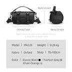 Mark Ryden MotoBarrel black cylinder crossbody bag w/ dimensions, oxford fabric, 75-130cm strap