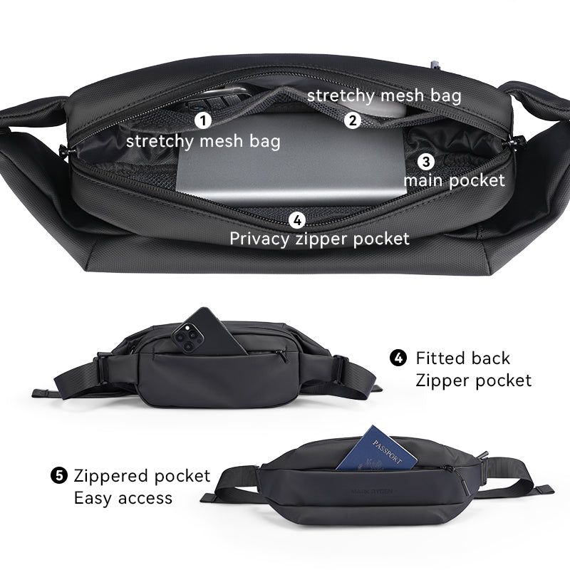 MarkRyden Global black crossbody bag with stretchy mesh pockets for travel