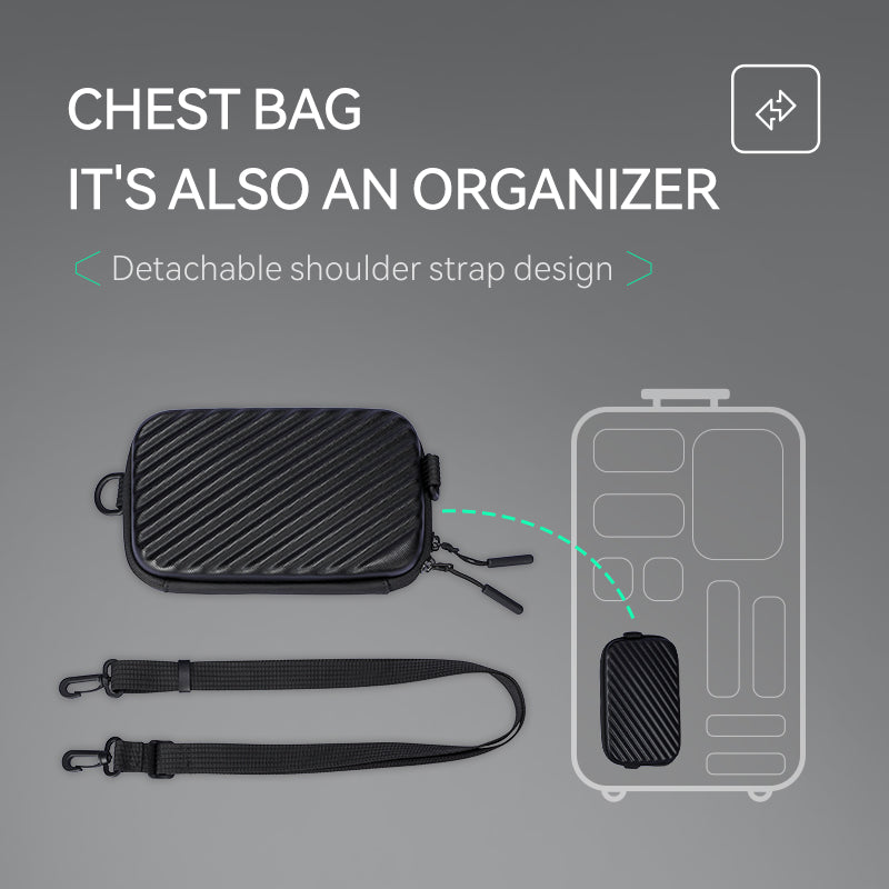 Black textured small crossbody purse with detachable shoulder strap, designed as a travel organizer and chest bag.