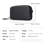 Elegant Black Mark Ryden small crossbody purse, PU+EVA material with diagonal stripes, adjustable strap, 18x11x5cm, ideal for travel.