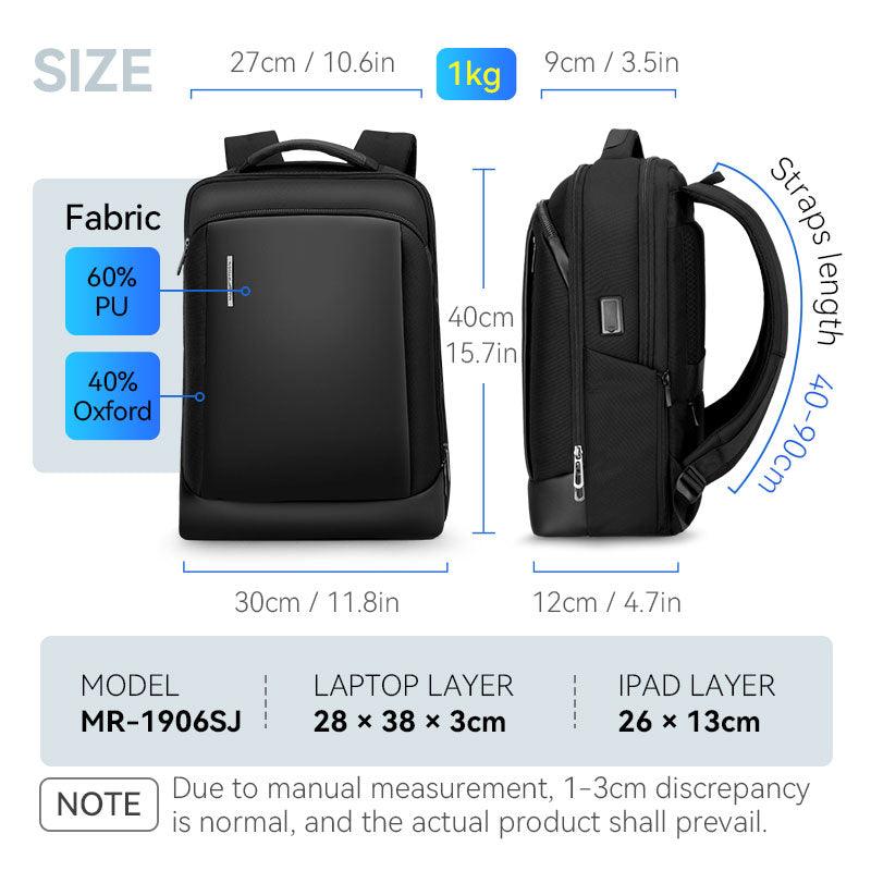 Luminary MarkRyden Daily Lightweight Dual-Material Backpack in black, featuring 60% PU and 40% Oxford fabric, 27x30x40cm size, 1kg weight, laptop (28x38x3cm) and iPad (26x13cm) compartments.