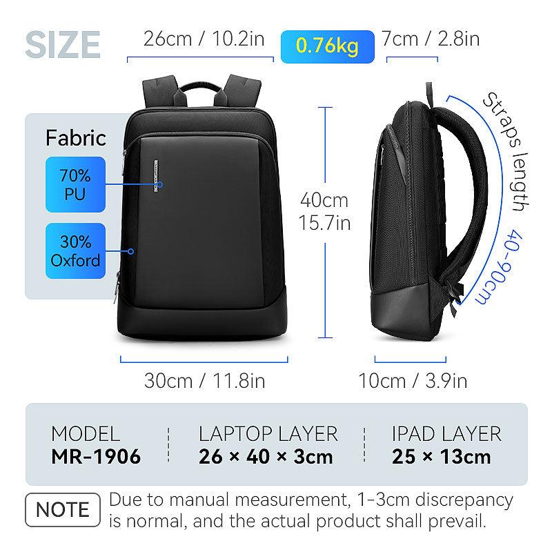 Luminary MarkRyden Daily Lightweight Dual-Material Backpack (MR-1906) in black, 70% PU/30% Oxford, 0.76kg, 26x40x30cm, with laptop and iPad compartments.