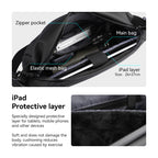 Black waterproof messenger bag interior with YKK zipper, spacious compartments, iPad layer 26×27cm