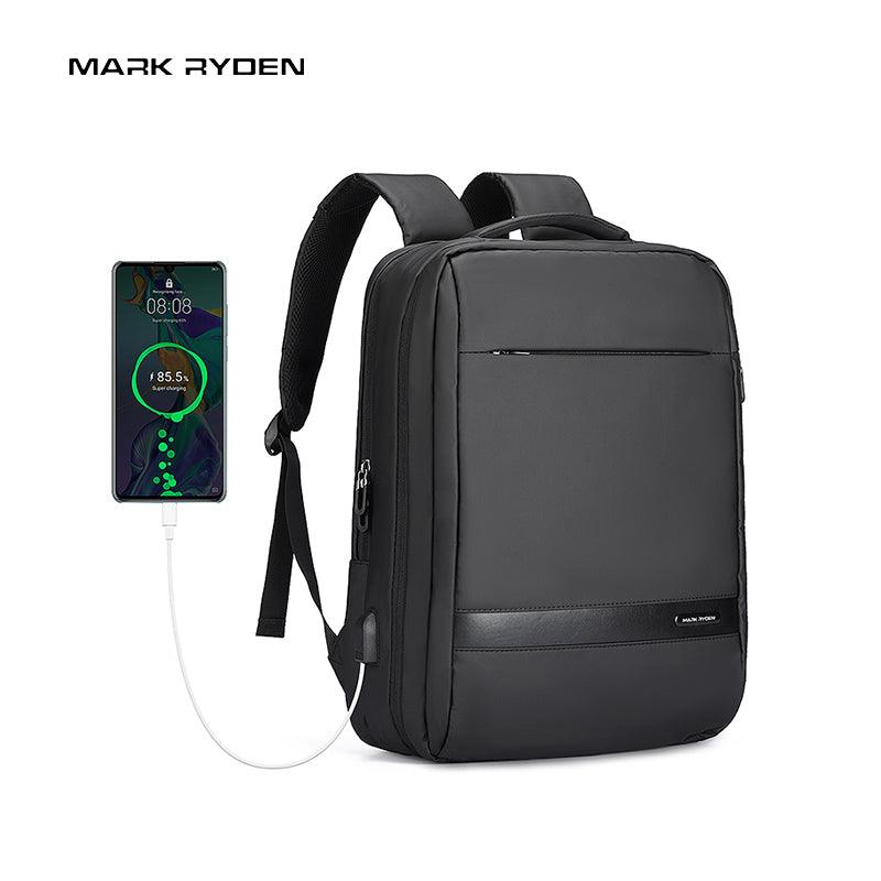 Mark Ryden black anti-theft travel backpack with USB charging cable