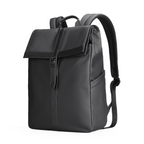 Sleek black professional commuting backpack with flap closure, buckle, and padded straps—stylish, lightweight for everyday use.