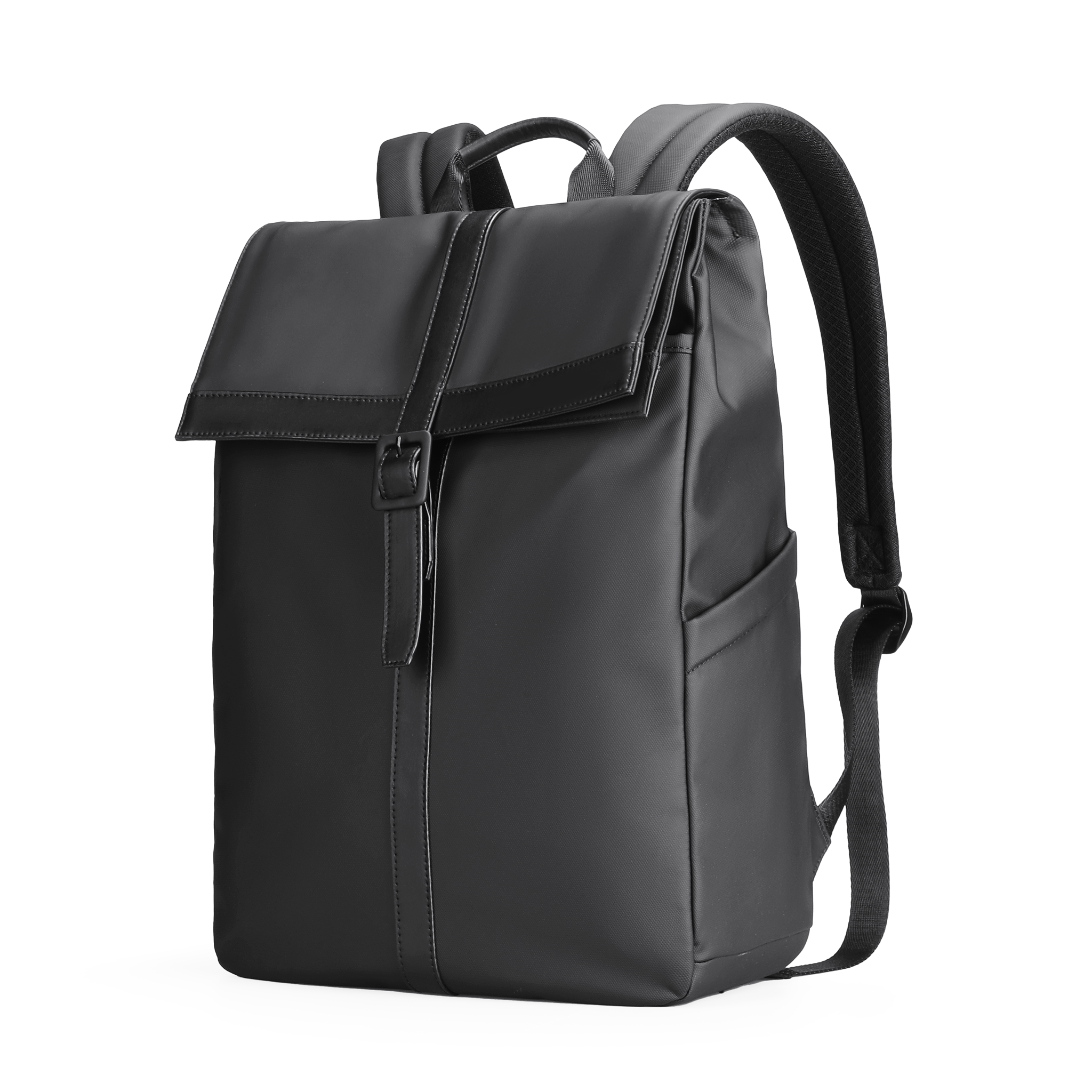 Sleek black professional commuting backpack with flap closure, buckle, and padded straps—stylish, lightweight for everyday use.