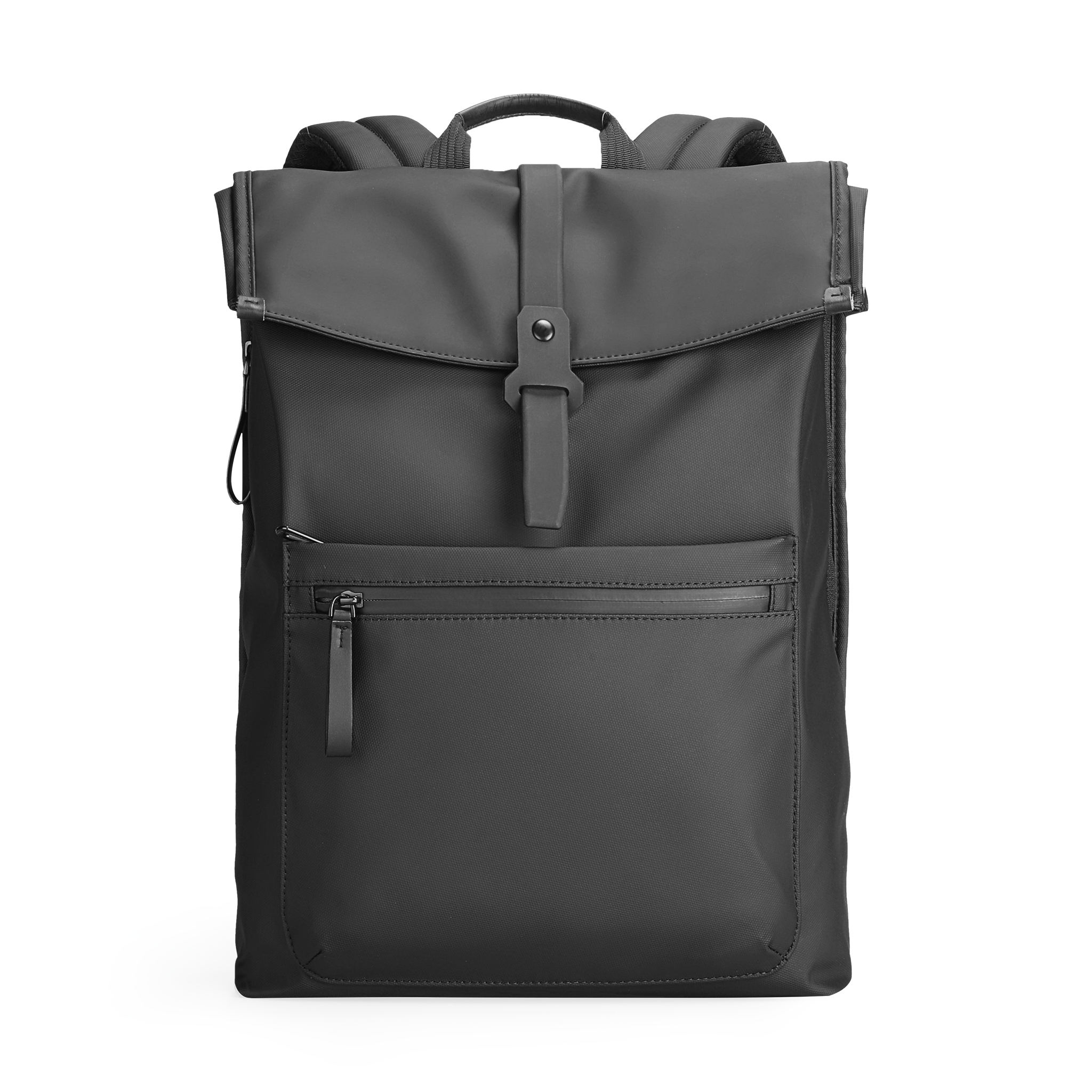 Mark Ryden Global's black leather casual multilayer storage backpack with front zipper pocket