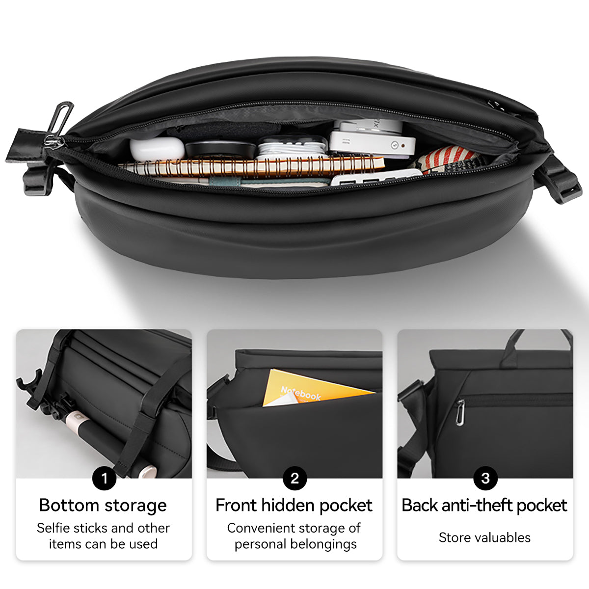 Black TravelProPack travel backpack with open main compartment holding notebook, earbuds, and other items; features bottom storage for selfie sticks, front hidden pocket, and back anti-theft pocket.