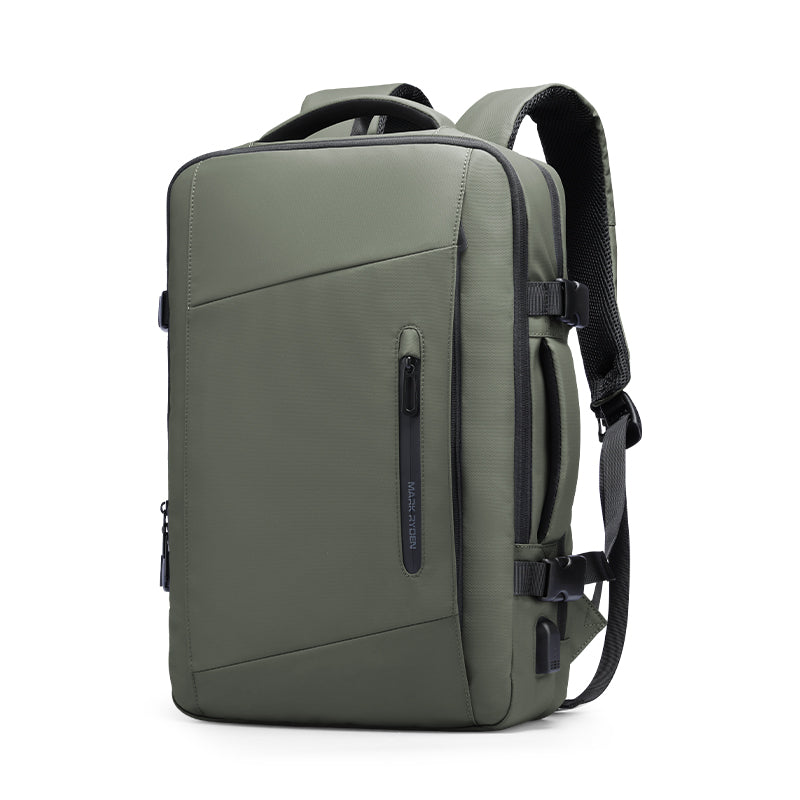 Olive green expandable laptop backpack with front zippered pocket, padded adjustable straps, and USB port—versatile for all-day travel by MARK RYDEN Global.