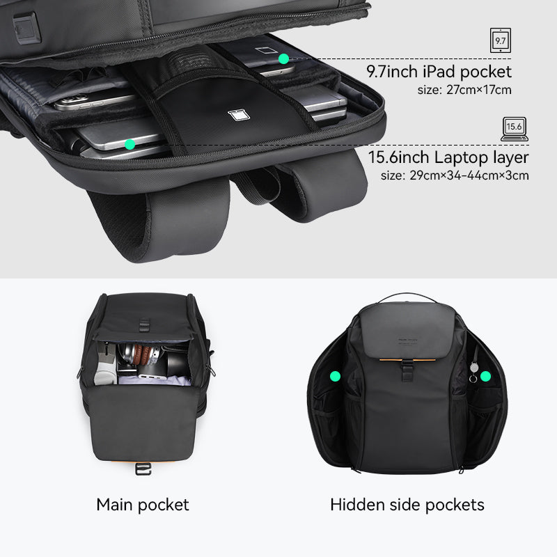 FileMaster Personal Belongings Organizer backpack with 15.6-inch laptop layer, 9.7-inch iPad pocket, main pocket holding headphones, and hidden side pockets in sleek black.