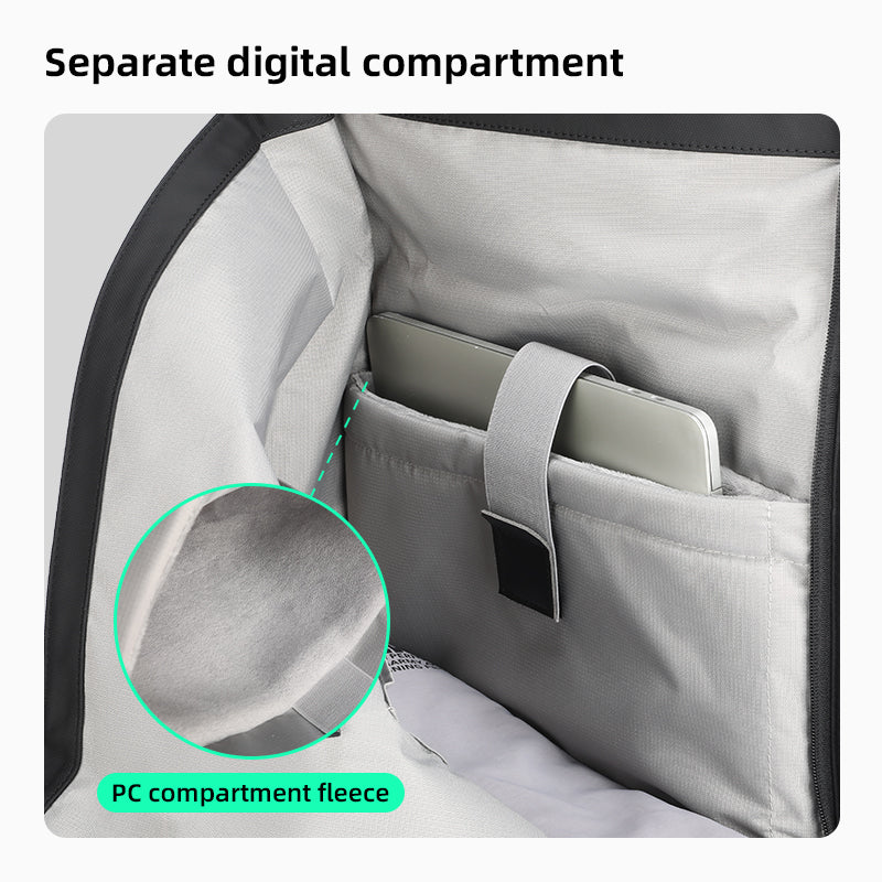 Trendy leather casual multilayer storage backpack interior with separate digital compartment holding laptop and fleece-lined PC compartment for device protection.