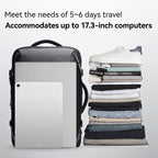 Infinitely Multi-functional Large Capacity Backpack in black, holding 17.3-inch laptop, beside stack of clothes, shoes, and travel essentials for 5-6 days travel.
