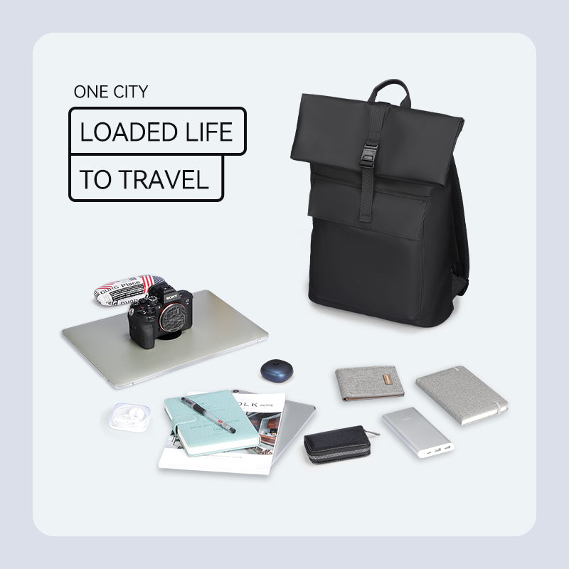 Mark Ryden Global black roll-top minimalist backpack with travel essentials, loaded life to travel