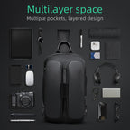 Premium Quality Black Double Pack Portable Crossbody Bag with multilayer space and multiple pockets, displayed with tech gadgets like tablet, phone, camera, and headphones to show capacity.