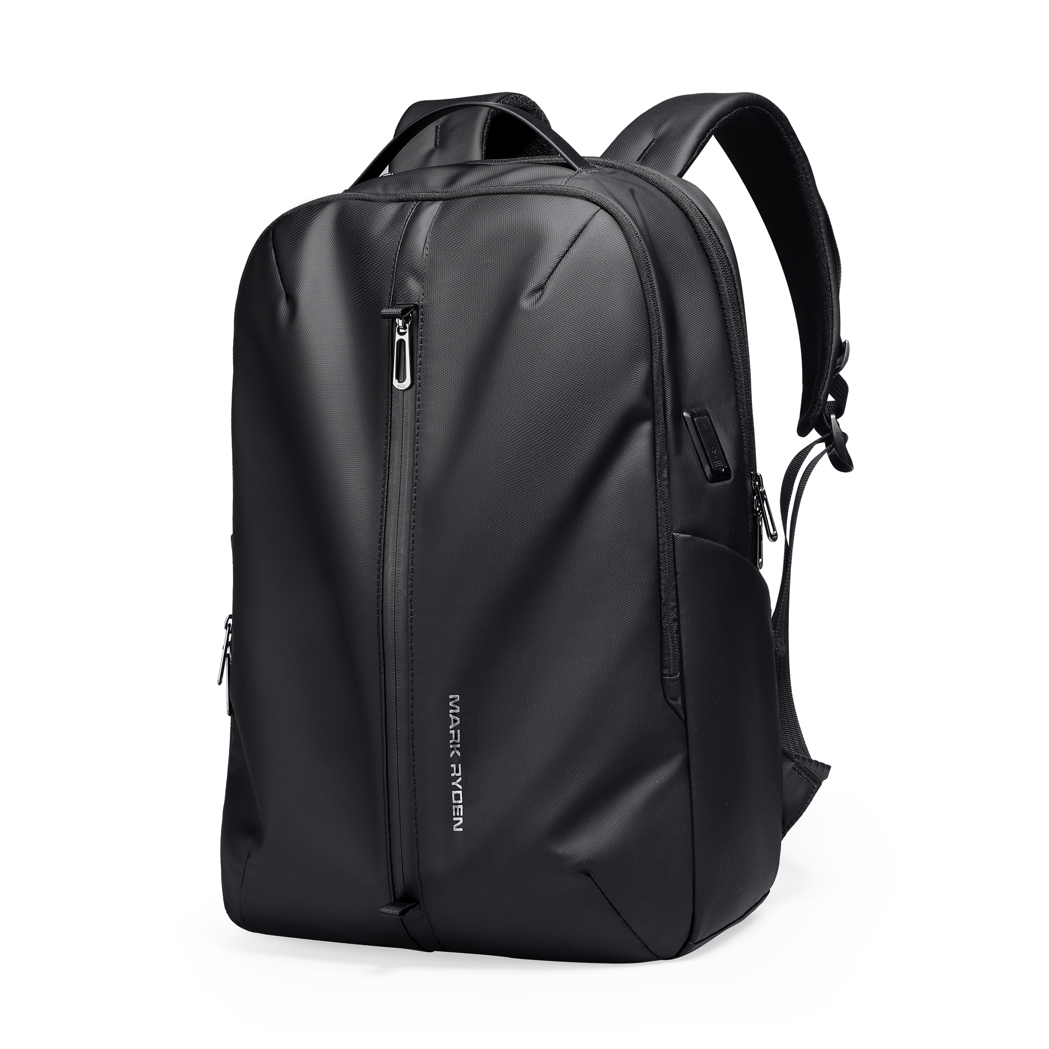 Black Mark Ryden backpack with leather membrane material, waterproof and scratch-resistant design, featuring multiple zippers and high capacity for travel.
