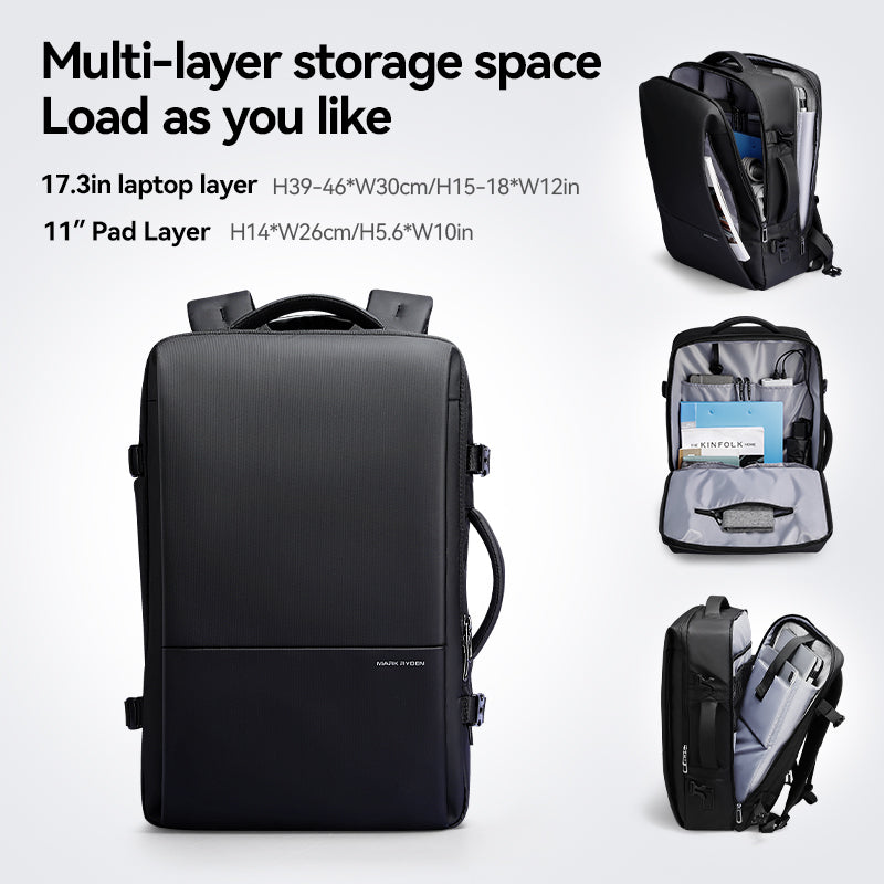 Mark Ryden black three-layer 40L business travel backpack with laptop compartment features
