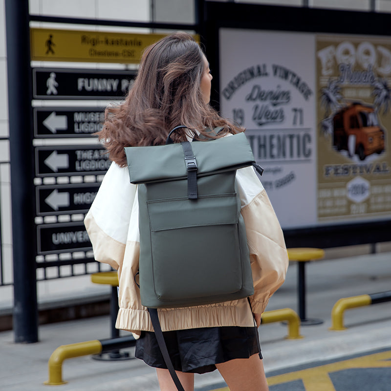 MarkRyden Global's olive green minimalist roll-top daily commute backpack