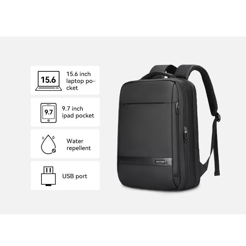Mark Ryden Global black anti-theft travel backpack with 15.6" laptop, 9.7" iPad pockets, water repellent, USB port
