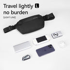 Black leather EasePack Sling crossbody bag with adjustable strap, shown holding smartphone, camera, power bank, and other travel essentials.