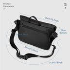 Black TravelProPack backpack with adjustable strap, front zip pocket, product dimensions shown - MARK RYDEN Global