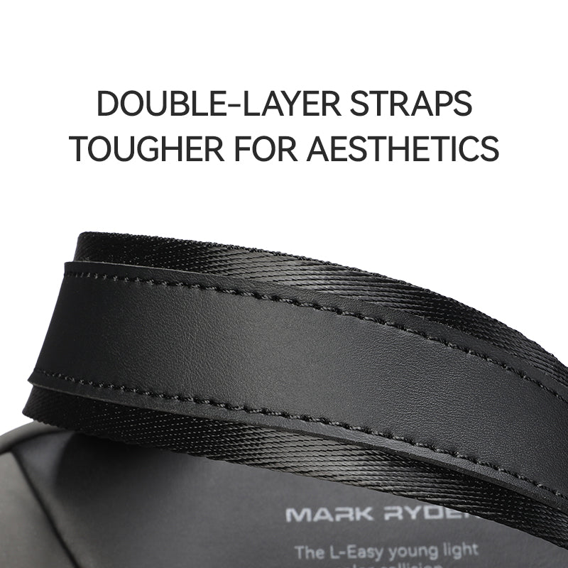 MarkRyden Drifter ultra-light backpack's black double-layer straps with precise stitching, designed for urban explorers.