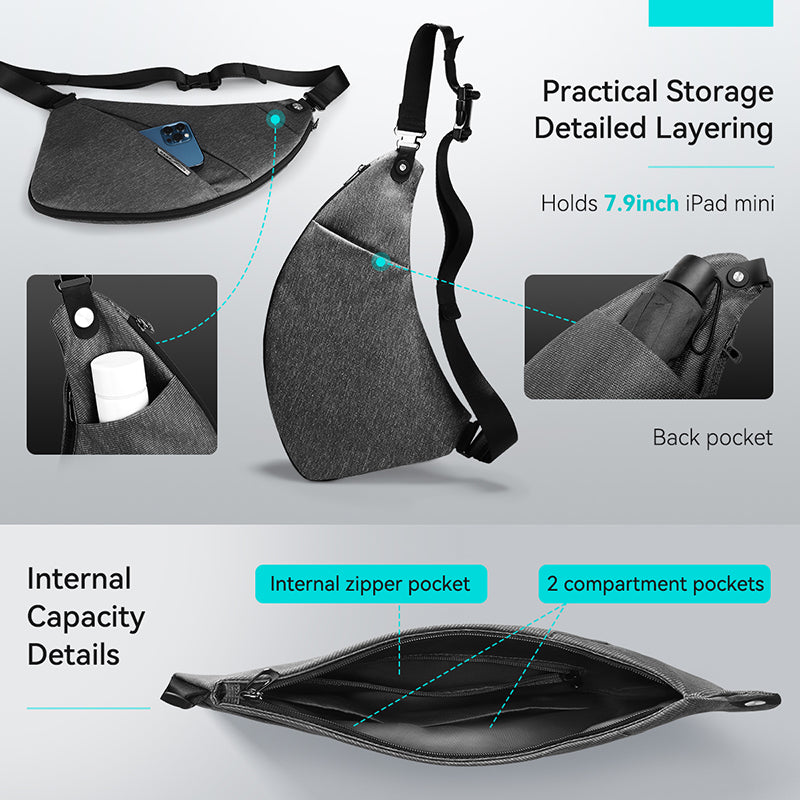 MarkRyden Global Anti-Theft Chest Bag - Gray Fabric, Holds iPad Mini, Practical Storage