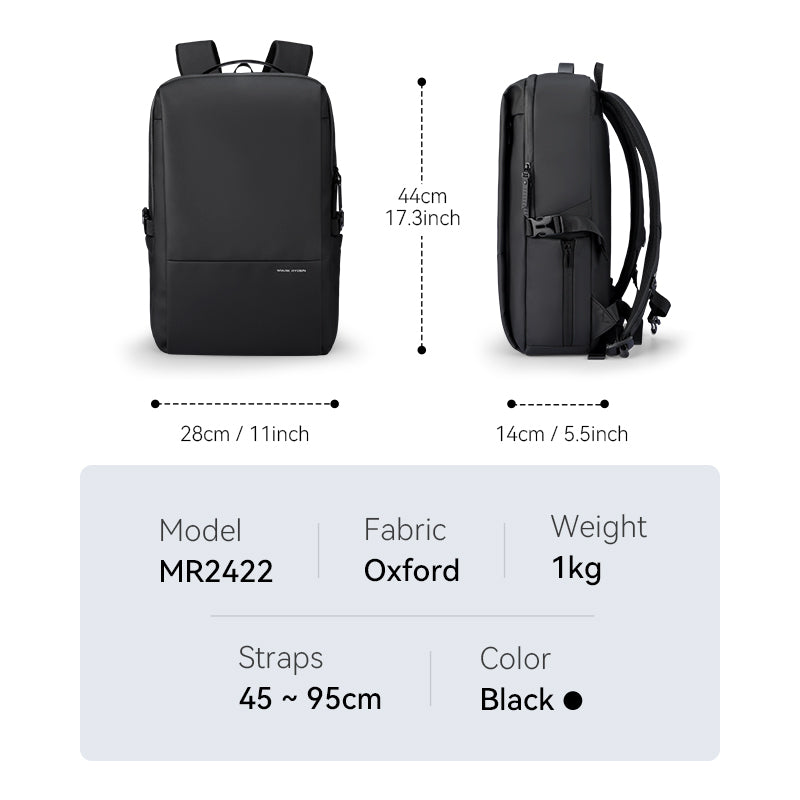 Super light black multi-compartment waterproof commuter backpack (Oxford fabric, model MR2422) with 1kg weight, dimensions 28x44x14cm, adjustable straps 45-95cm