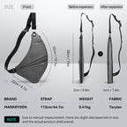 MARK RYDEN ChestFlex: Gray expandable urban chest bag with Terylen fabric, front view showing 50cm x 22cm dimensions, before/after expansion, 112cm strap, 0.41kg weight.