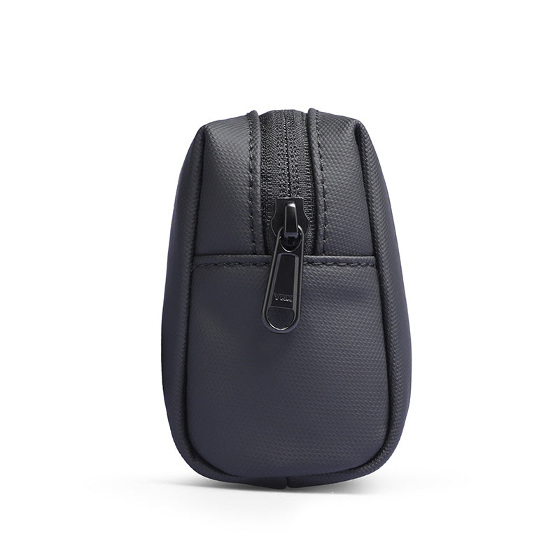 Dark gray portable traveling toiletries bag with zippered top compartment and front pocket, textured material for large capacity travel storage.