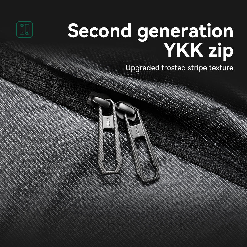 Close-up of Mark Ryden Global Large Capacity Backpack featuring second generation YKK zippers with upgraded frosted stripe texture on durable, textured fabric.