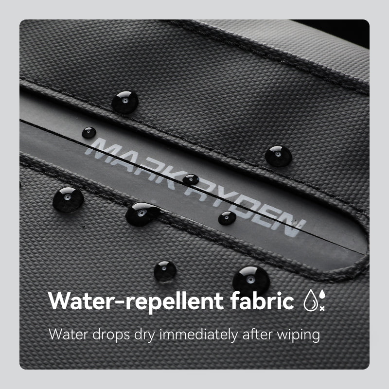 Mark Ryden professional business backpack with water-repellent fabric and water droplets