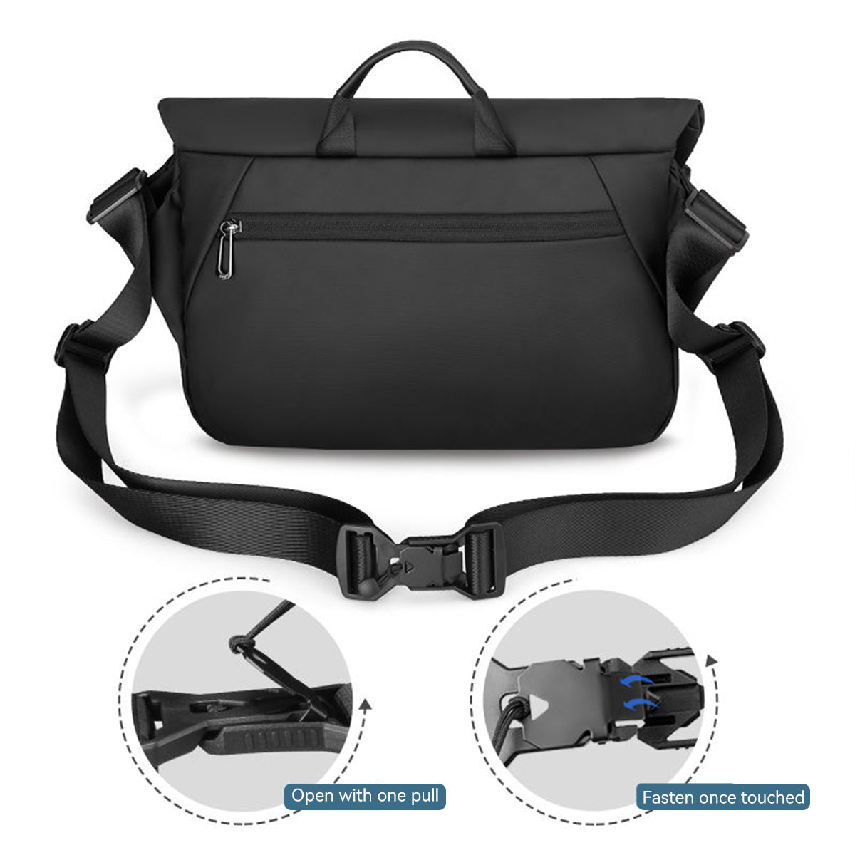 Black TravelProPack stylish durable travel backpack with adjustable straps, top handle, and quick-release buckle—multiple compartments for organized travel, featuring easy one-pull opening and secure fastening.