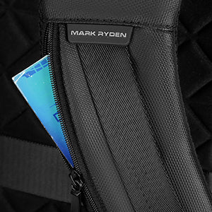 Mark Ryden slim laptop backpack detail with zipper and brand tag - modern commuter bag