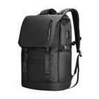 Mark Ryden Balo expandable multi-pocket multifunctional backpack in black with flap closure, zippered front pocket, adjustable straps, and USB port for modern travelers.