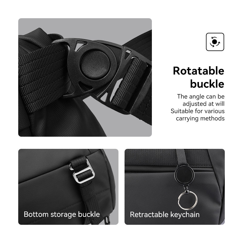 Black waterproof messenger bag with rotatable buckle, bottom storage buckle, and retractable keychain - spacious design