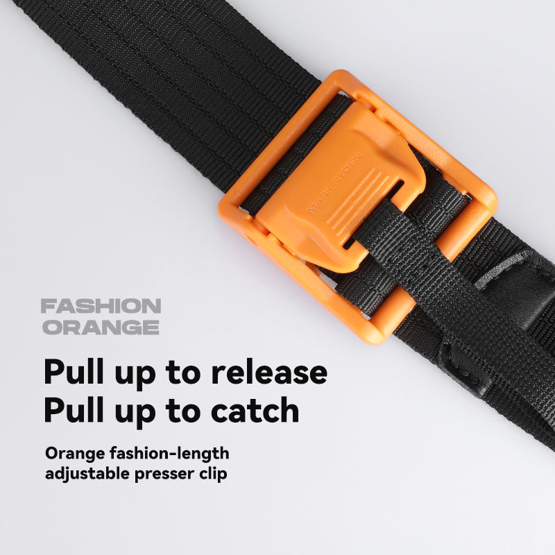 MarkRyden Global crossbody bag with orange presser clip on black strap