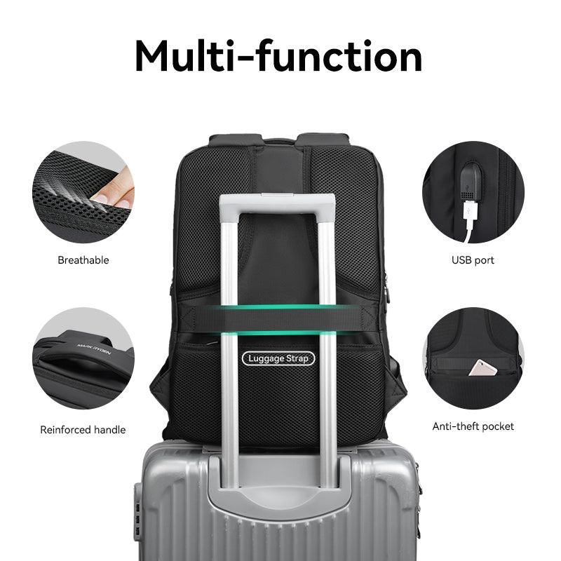 Black anti-theft travel backpack with USB port, luggage strap, breathable mesh - MarkRyden Global