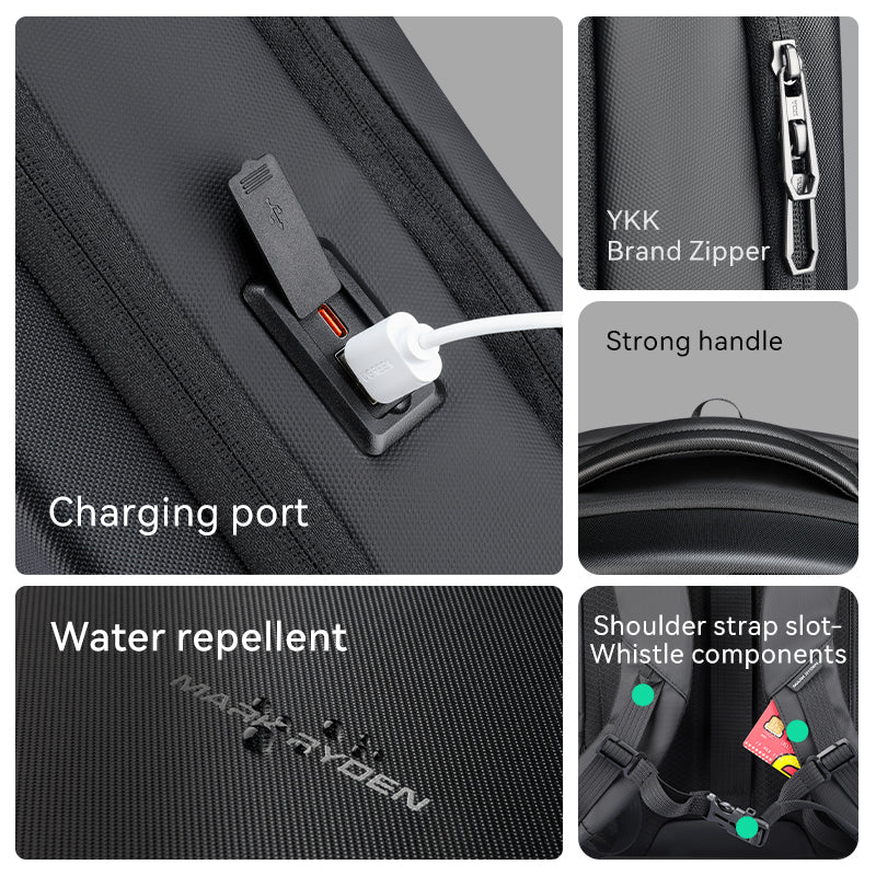 Mark Ryden black waterproof laptop backpack with charging port, YKK zipper, strong handle & water repellent design