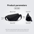 Mark Ryden Voyager black leather messenger bag with dimensions shown