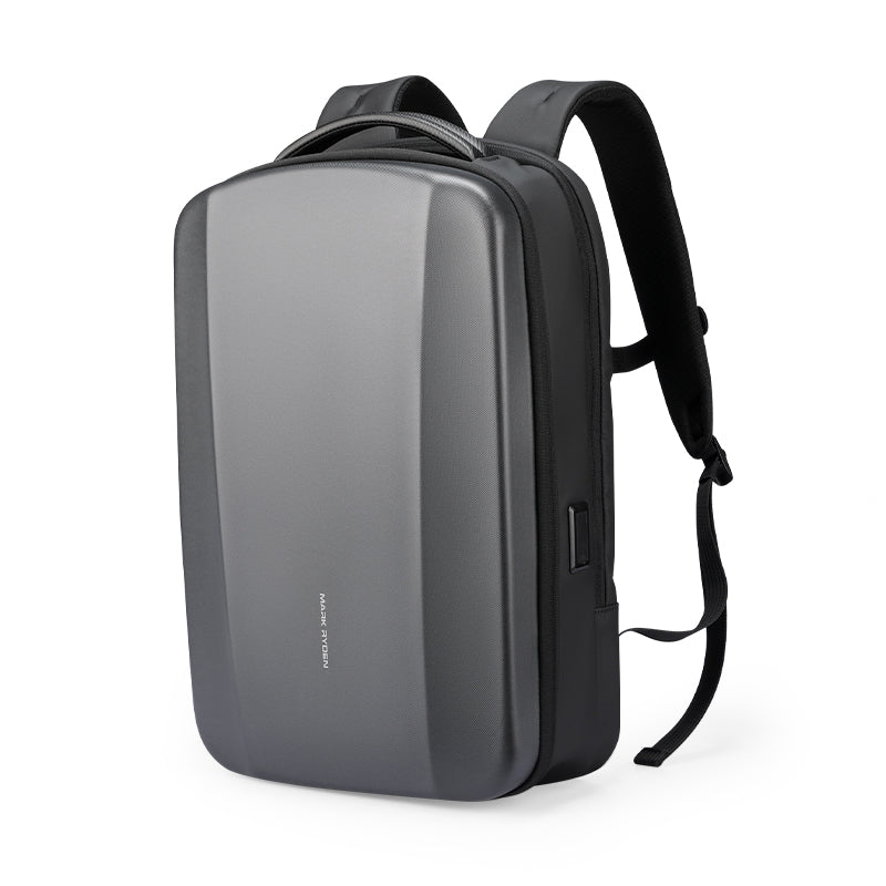 Mark Ryden Ratio Arc Compartment Hard-shell Waterproof Laptop Backpack gray with black straps, featuring a side USB port and sleek hard-shell design.