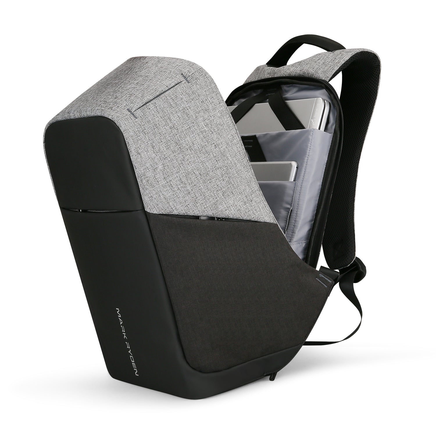 Mark Ryden Mocchasio anti-theft backpack in gray and black, featuring USB charging, open compartments with laptops, modern textured design for secure travel.