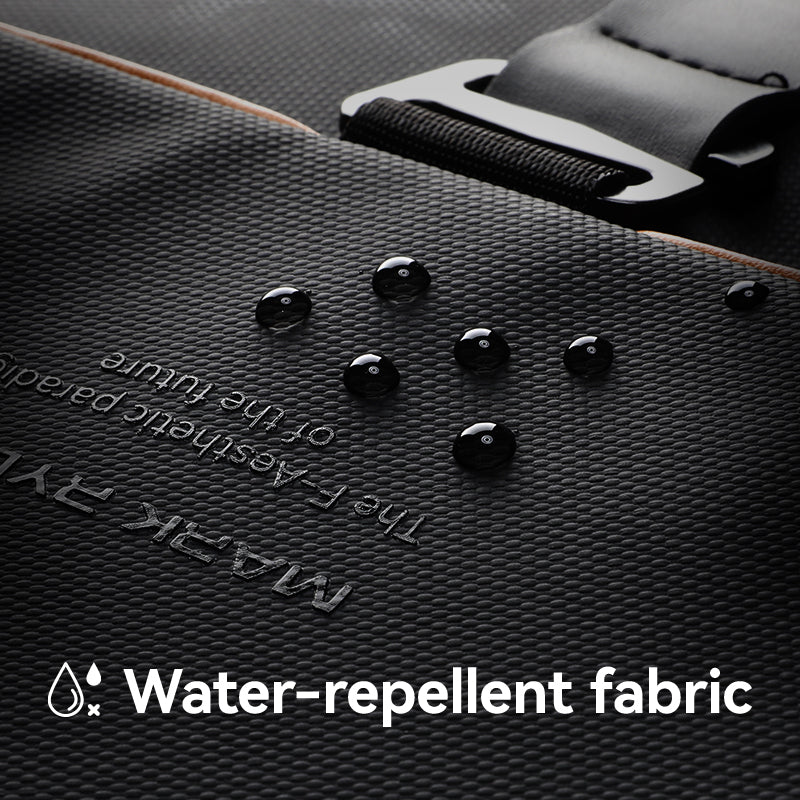 Mark Ryden backpack with water-repellent fabric and water droplets