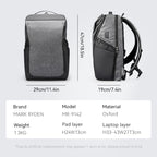 Mark Ryden large capacity backpack in gray and black Oxford fabric, featuring laptop and pad layers, dimensions 29cm x 47cm x 19cm, model MR-9142, ideal for daily use.