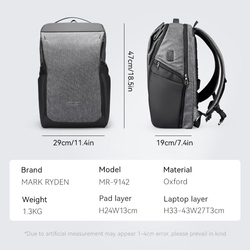 Mark Ryden large capacity backpack in gray and black Oxford fabric, featuring laptop and pad layers, dimensions 29cm x 47cm x 19cm, model MR-9142, ideal for daily use.