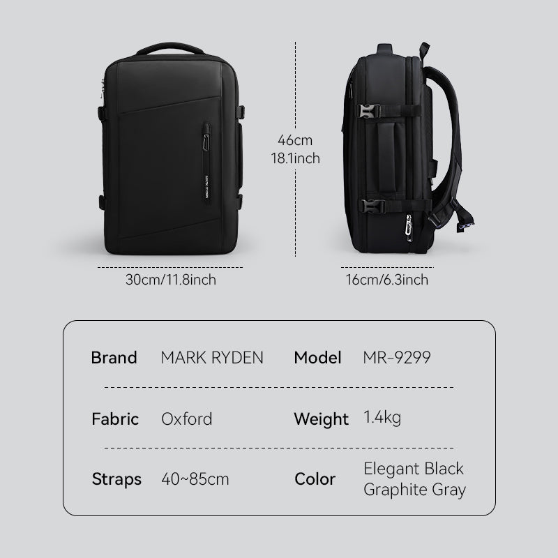 Mark Ryden MR-9299 black business backpack, oxford fabric, YKK zipper, 46x30x16cm dimensions, elegant black color